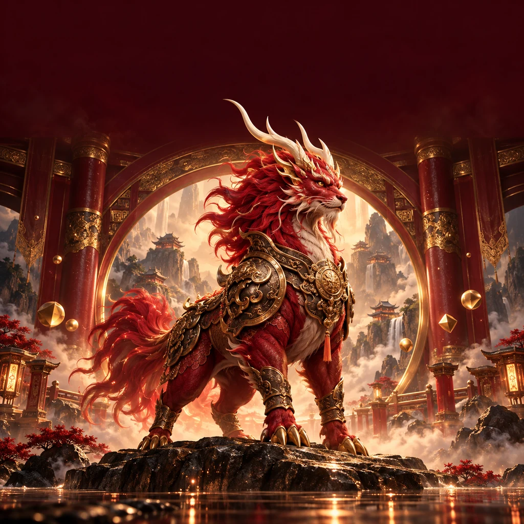 Penjaga qilin merah dengan zirah perunggu dalam gerbang emas