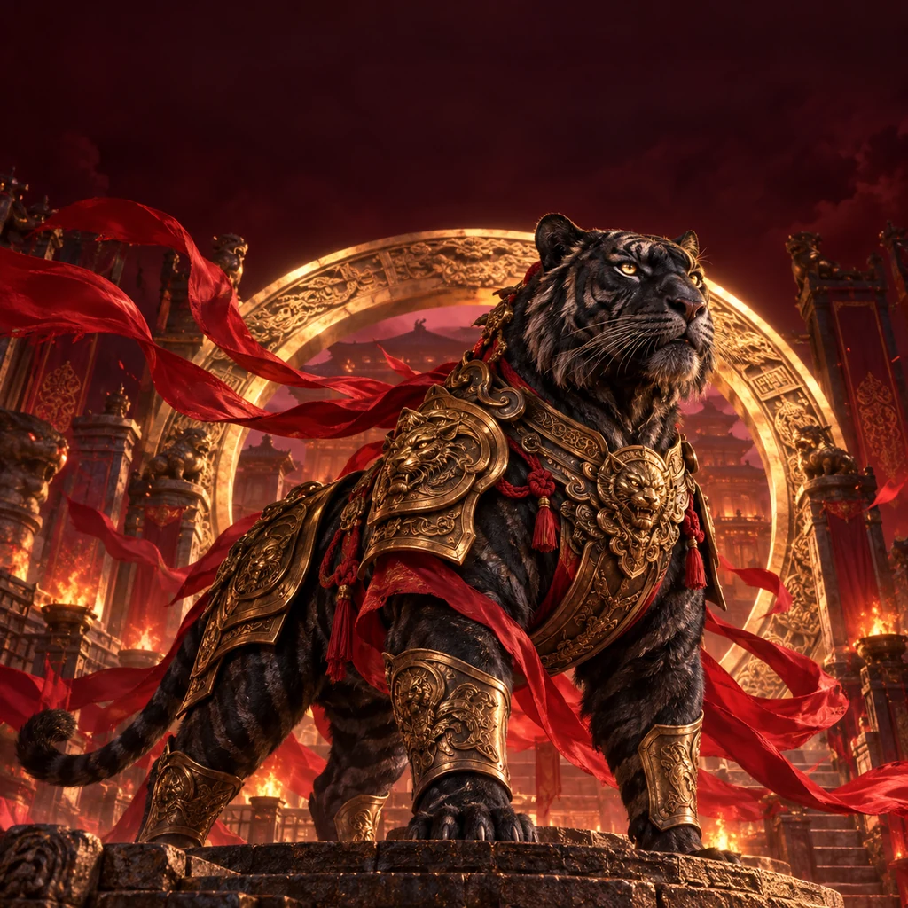 Penjaga harimau obsidian dengan zirah perunggu